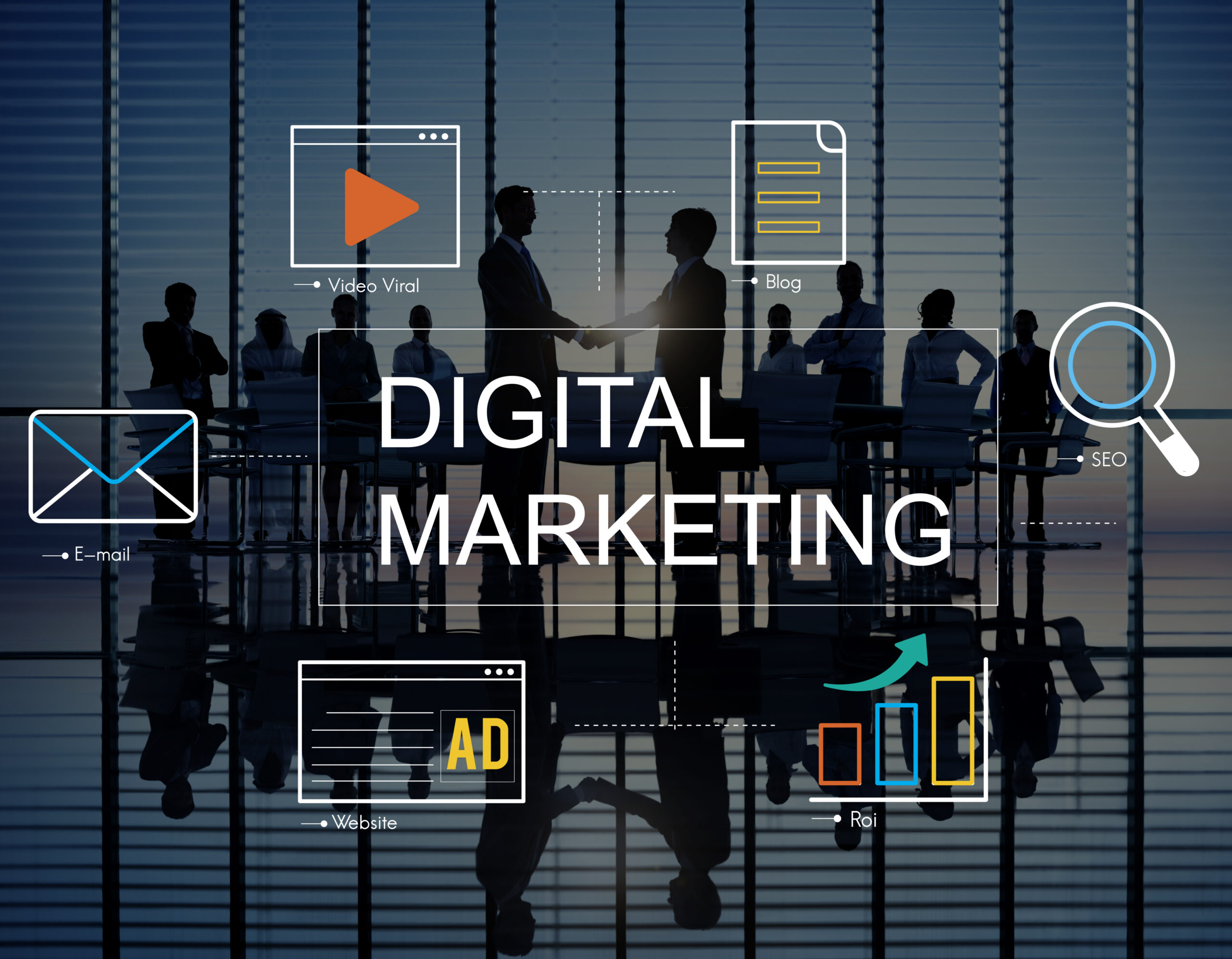 “Digital marketing concept with business people and icons for email, video, blog, SEO, website and ROI analytics.”